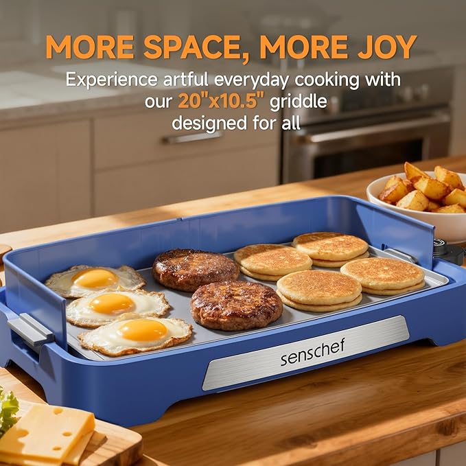 Cleansnap Everyday Electric Griddle,The Ultimate Gift for Family Feasts - 20” Nonstick Grill with Foldable Anti-Mess Shield, Rapid 1700W Heat&PPG Ceramic Coating, Dishwasher Safe, Ocean Blue