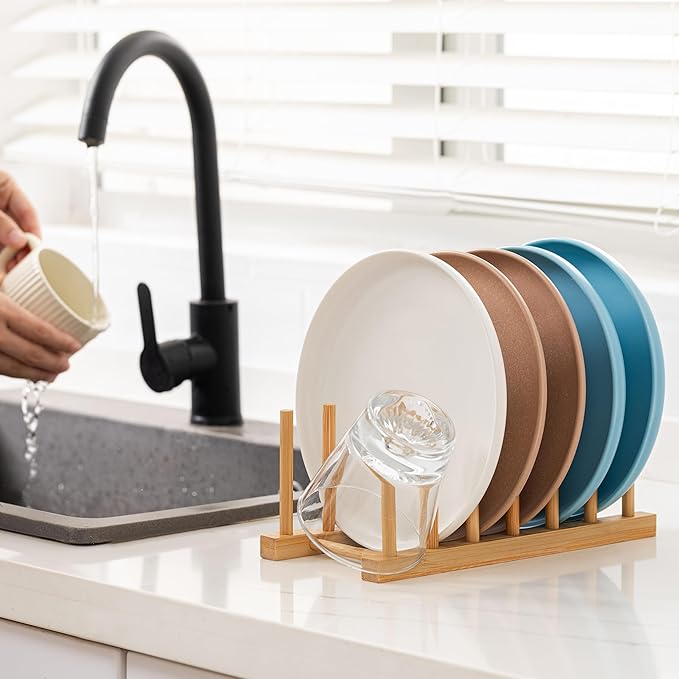 HBlife 2pcs Bamboo Dish Plate Bowl Cup Book Pot Lid Cutting Board Drying Rack Stand Drainer Storage Holder Organizer Kitchen Cabinet（Keep Dry）