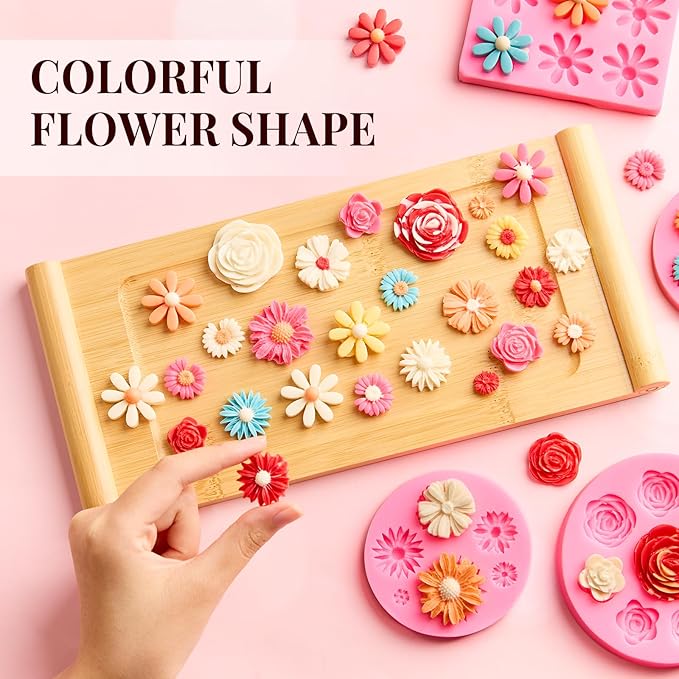 Puyeipt 4 Pcs Flower Silicone Fondant Molds, Daisy Rose Flower Chocolate Candy Molds for Cupcake Topper, Cake Pop Decoration and Clay Craft Making