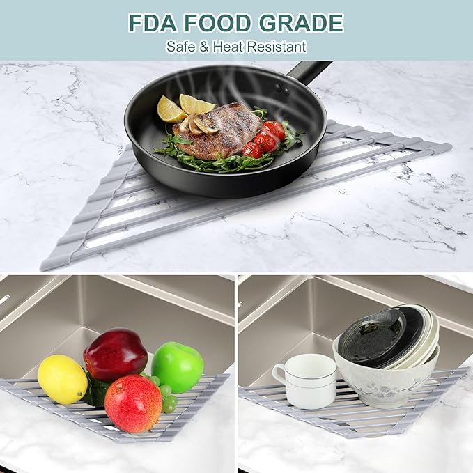 MERRYBOX Triangle Roll Up Dish Drying Rack Over The Sink, 2025 Anti-Rust Sink Drying Rack with Full Silicone Wrapped for Top of Corner, Anti-Slip Organizer for Kitchen