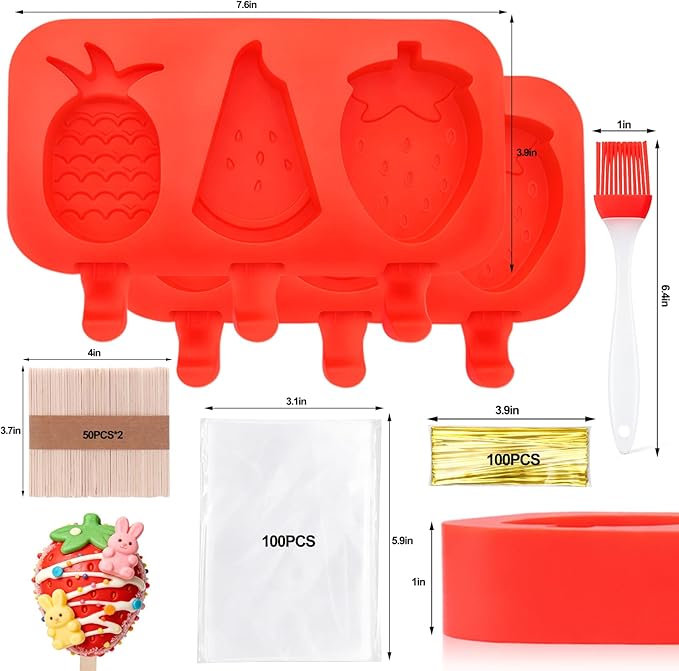 Juome Cake Pop Mold Kit, 6 Cavities Fruit Shape Cakesicle Molds Silicone with 100 Wooden Sticks&100 Packaging Bags with Ties, Cake Pop Maker Supplies Accessories, Baking Tools for Home Baking Desserts