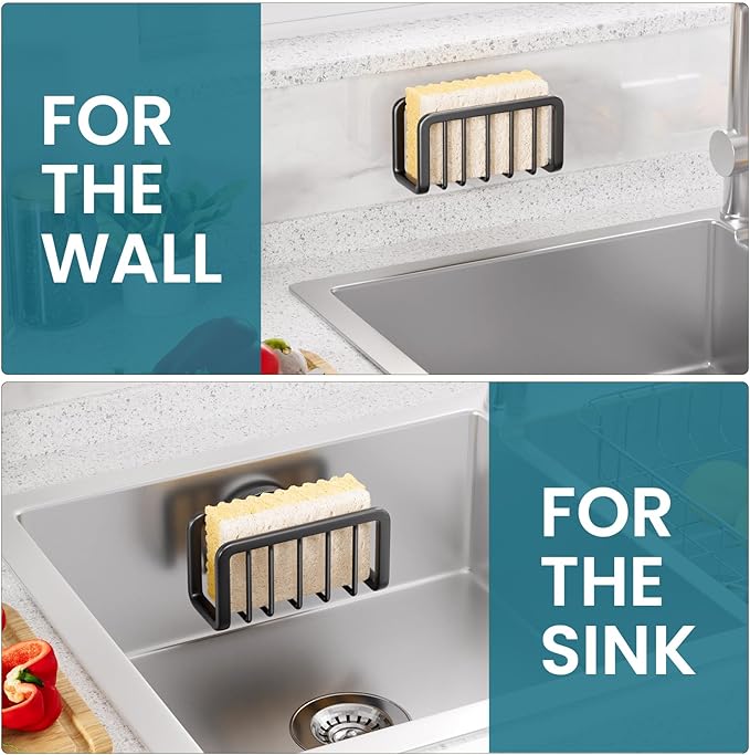 TAILI Sponge Holder for Kitchen Sink with Strong Suction Cup, Removable Sponge Holder, Rustproof Aluminum Sink Caddy for Sponges, Dish Brush - Black