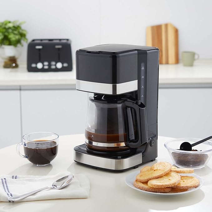 Amazon Basics 12 Cup Drip Coffee Maker with Glass Carafe (1.9 Qt), Auto Shut-off, Auto Pause, Removable Filter Basket, Black & Silver