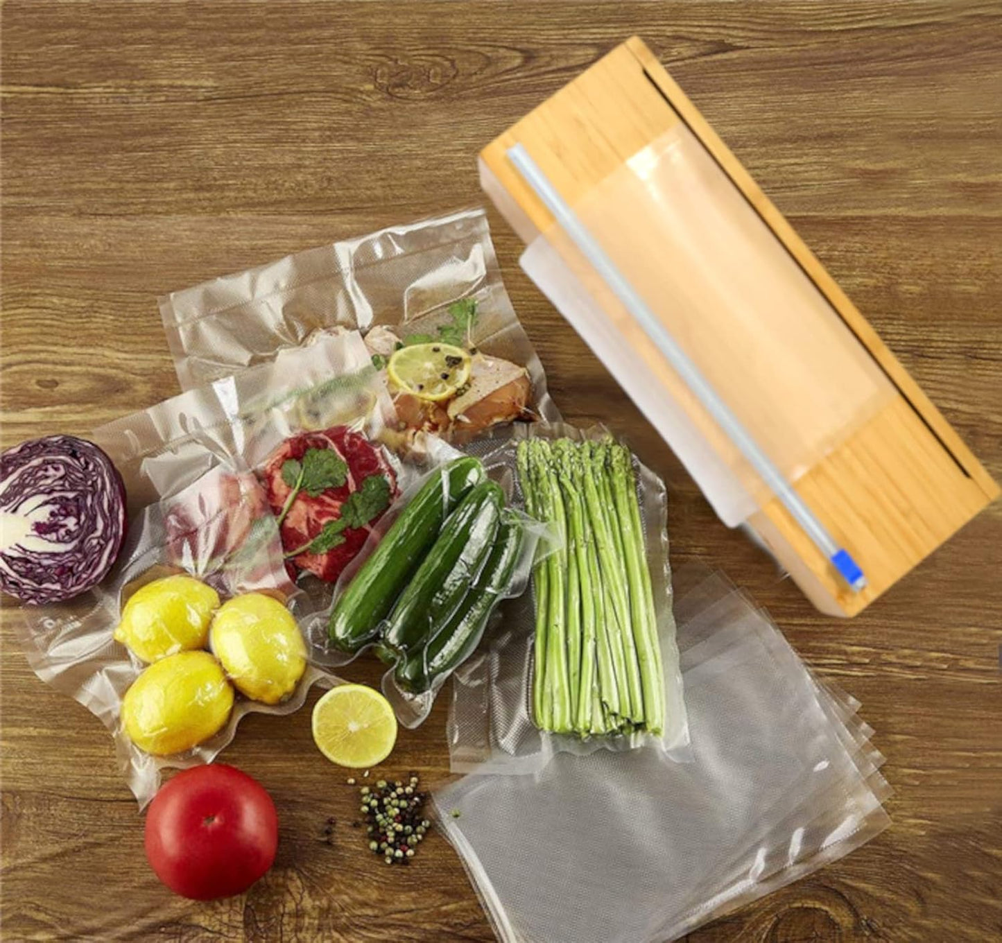 Vacuum Sealer Bag Roll Dispenser with Slide Cutter - Reusable Bamboo Vacuum Bag Dispenser Fits Most 50 ft Food Saver Bags Rolls, Most 12" Rolls of Plastic Wrap, Aluminum Foil and Wax Paper