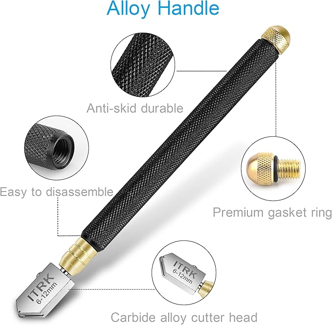Glass Cutter 2mm-20mm, Upgrade Glass Cutting Tool with Glass Cutting Oil, Pencil Style Oil Feed Carbide Tip Glass Cutter for Mirror/Tiles/Mosaic.