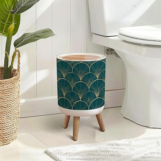 Trash Can with Lid Golden Elements Blue Seamless Art Deco Style Press Top Round Small Garbage Bin with Wooden Legs Waste Basket for Kitchen Bedroom Nursery 7L/1.8 Gallon