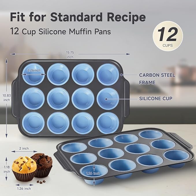 Boyun Silicone Muffin Pan for Baking,No-Spill Easy-Transfer Design,Reinforced Steel Frame, Non-Stick & Dishwasher Safe,12-Cup Regular Size Muffin & Cupcake Pan Bakeware for Oven (Blue 2pcs)