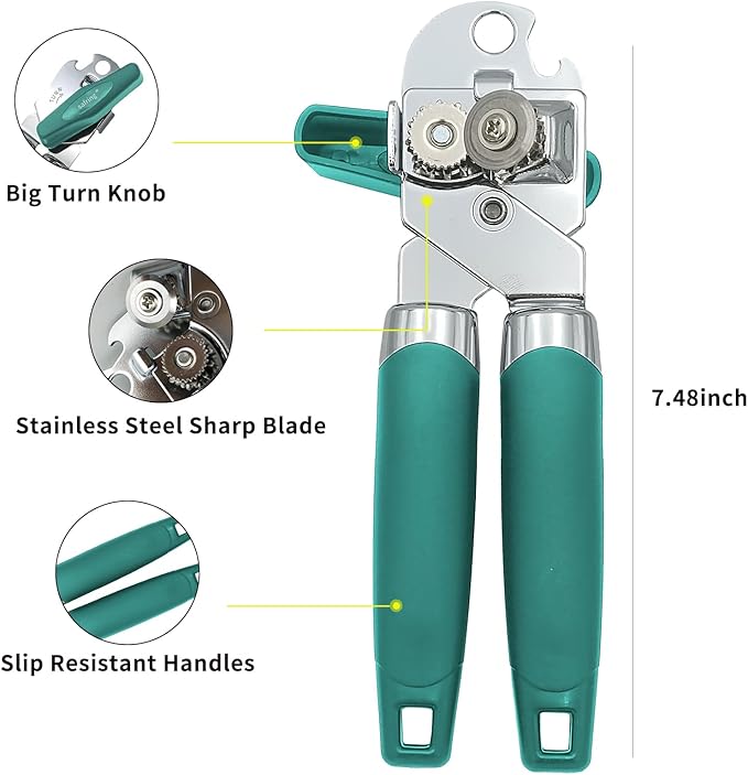 Can Opener Manual, Handheld Strong Heavy Duty Stainless Steel Can Opener, Comfortable Handle, Sharp Blade Smooth Edge, Can Openers with Multifunctional Bottle Opener, Aqua Sky