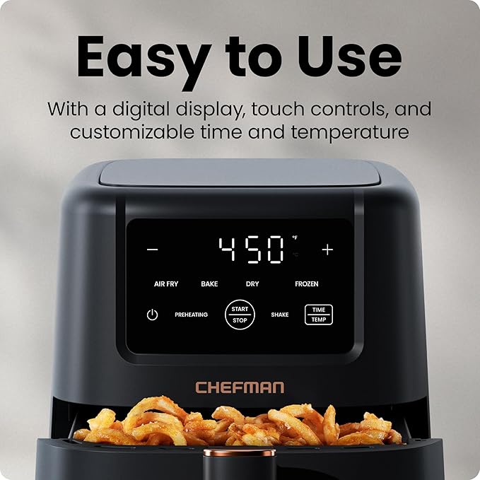 Chefman Air Fryer – 4-in-1 Slim 3.5 QT Airfryer, Air Fry, Bake, Dehydrate, Frozen, 450°F Max Temp for Extra Crispy Results in Minutes, Nonstick Ceramic Coating, Dishwasher-Safe Accessories - Black