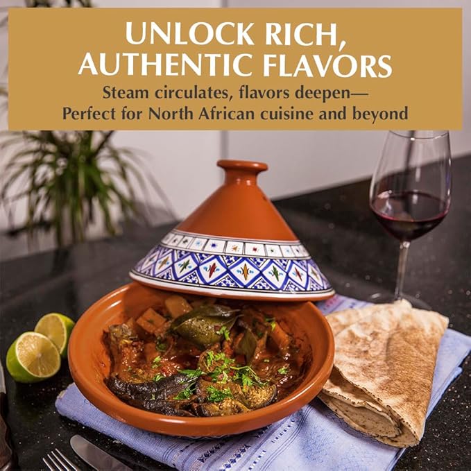 Kamsah Tagine Pot for Cooking and Flavor Enrichment - Medium Clay Pot 10”, 3.1 QT - Non-Stick Handmade Cookware - Moroccan Ceramic Pots for Cooking with Lid & Serving Bowl - Bohemian Classic Blue