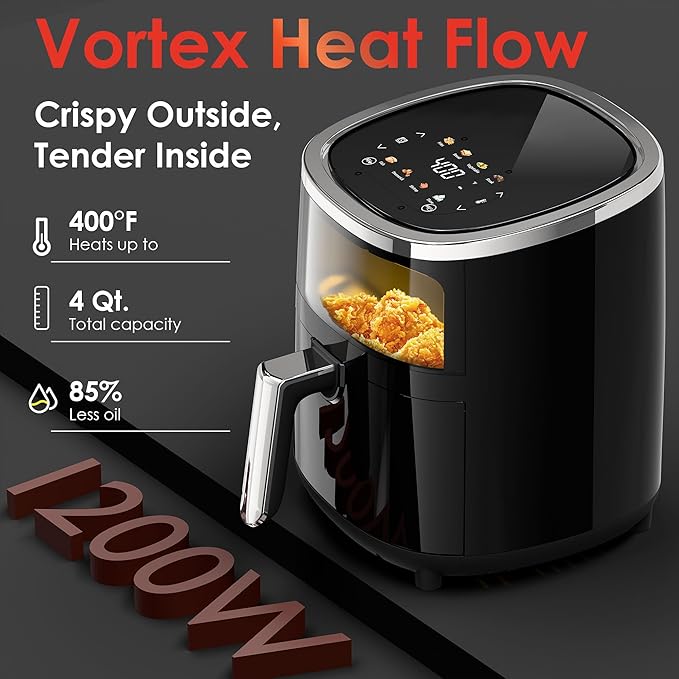 Compact Air Fryer, 9-in-1 with Smart Digital Color TouchScreen Air Fryers, View Window, Air Fry, Roast, Bake,Reheat, Dehydrate, 12 Presets,Dishwasher Safe Basket & Less Oil Nonstick,4.2QT
