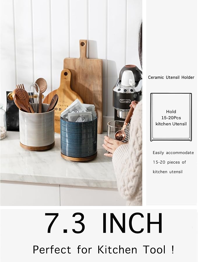 Utensil Holder, 360° Rotating Extra Large Ceramic Kitchen Utensil Holder for Countertop, 7.3“ Cooking Utensil Crocks for Kitchen Counter with Rotatable Wooden Base, Farmhouse Decor, Dusty Blue