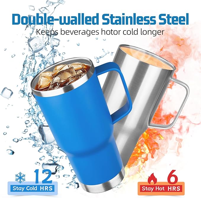 20 oz Tumbler with Handle Stainless Steel Insulated Coffee Tumbler with Lid and Straw Double Wall Vacuum Insulated Coffee Mug Leak Proof Travel Mug Tumbler for Hot and Cold Drink (Sea Blue,8pack)