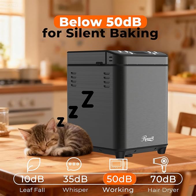 Rosewill 25-in-1 Automatic Bread Maker Machine with 3 Loaf Size up to 2 Lb, 700W High Power Dual Heater Bread Maker with BPA-free Nonstick Coating Pan, Max 15 Hours Delay Timer, Low Noise - Gray