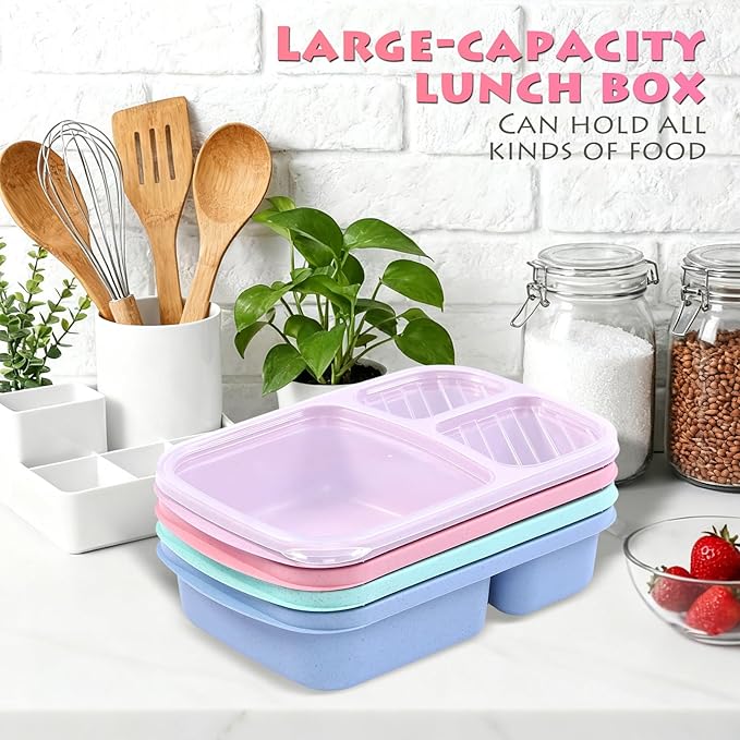 8 Pack Adult Lunch Box Set, Reusable 3-compartment food containers, Microwave and Dishwasher Safe (8 light colors)