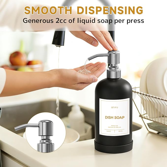 Kitchen Soap Dispenser Set – 16.8oz/500ml Glass Hand and Dish Soap Dispenser with Stainless Steel Pumps & Non-Slip Silicone Base, Luxury Countertop Decor for Home, Airbnb, Restaurant (Black & Silver)