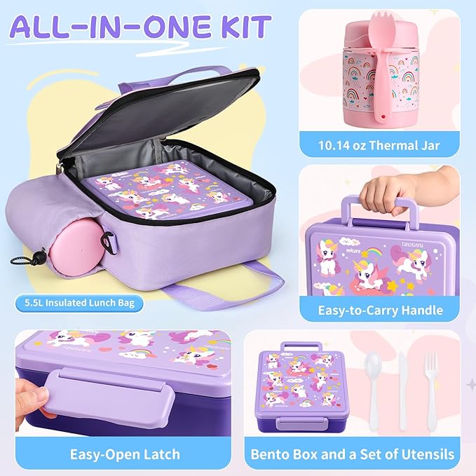REDSHELL Bento Lunch Box for Kids Set, Leakproof Food Jar Pail with Insulated Bag, Toddler Snack Container Lunchbag for Girls Daycare, Back to School Lunchbox Kit, Includes Bottle Holder Strap, Purple