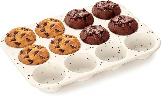 Silicone Muffin Pan for Baking: 12 Cup Muffin Pan with Metal Reinforced Frame, Regular Size Cupcake Egg Bites Molds for Baking, BPA Free Silicone Muffin Tray, Dishwasher Safe (1 Pack, White)