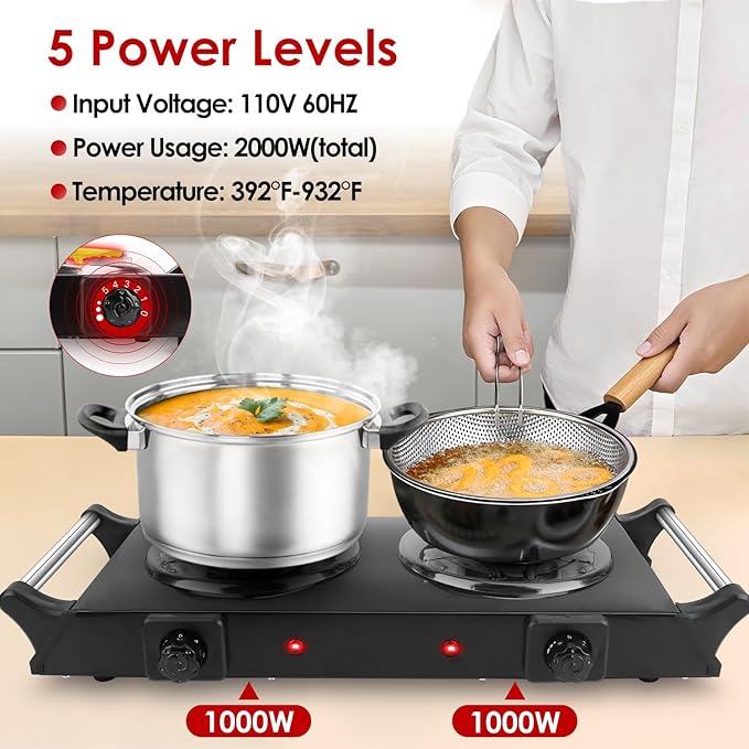Electric Countertop Double Burner, 2000W Cooktop with Coil Hot Plate & Stay Cool Handles, 5 Level Temperature Control, Easy to Clean, Indicator Lights, Cooking Stove for Office/Home/Camping Use