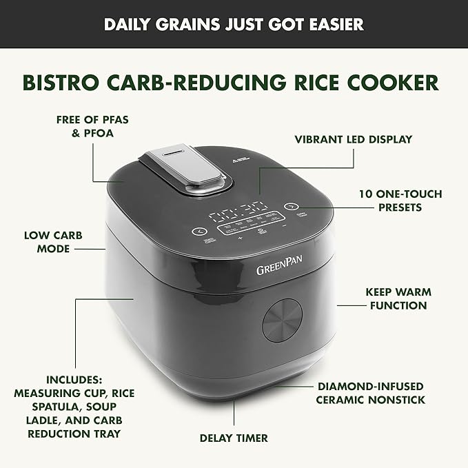 GreenPan Rice Cooker, 8 Cups Cooked (4 Uncooked), Low-Carb & Soup Mode,10 ONE-TOUCH Cooking Presets, PFAS-Free Ceramic Steamer Basket, Fuzzy Logic, Auto Keep Warm, Oats, 24HR Delay Timer, Graphite
