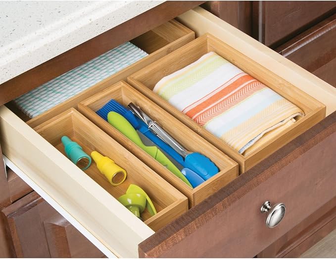 mDesign Bamboo Kitchen Cabinet Drawer Organizer Stackable Tray Bin - Eco-Friendly, Multipurpose - Use in Drawers, on Countertops, Shelves or in Pantry - 9" Long, 4 Pack - Natural Wood Finish