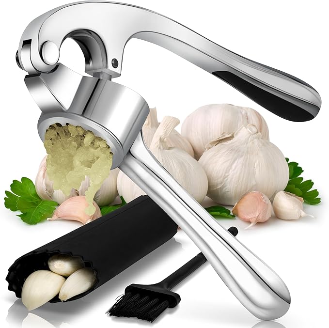 Premium Garlic Press, Garlic Mincer Set of 3 with Silicone Roller Peeler & Cleaning Brush, Extremely Durable Garlic Crusher, Ergonomic Handle, Extracts Most Garlic Paste Per Clove