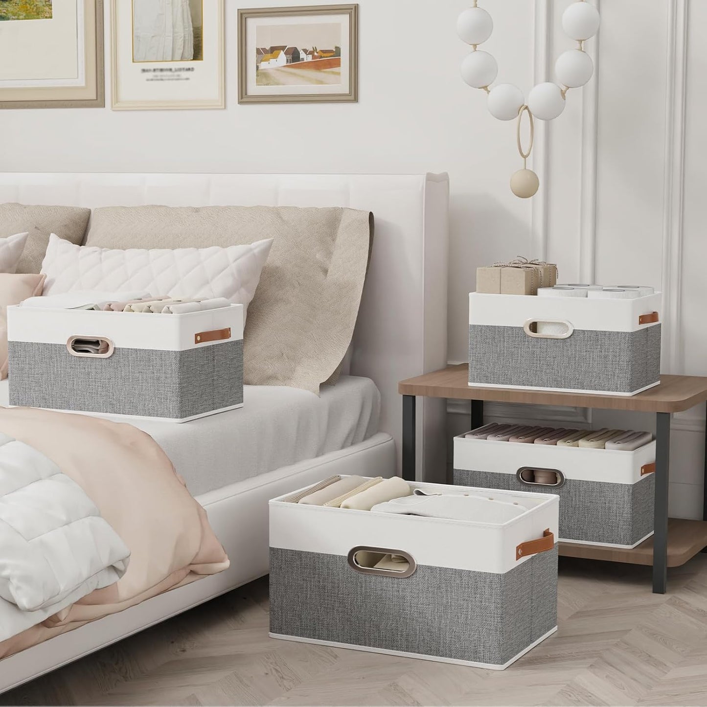 Yawinhe Foldable Storage Baskets for Shelves, Fabric Closet Organizers, Bins with 3 Handles, Cubes for Clothes, White/Grey, 15''Lx9.8''Wx8.3''H, 6-Pack