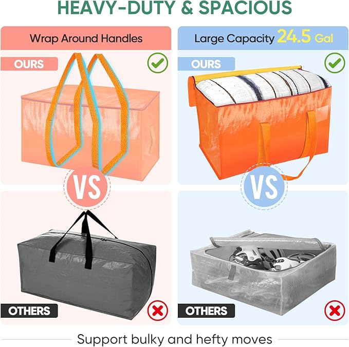 BALEINE 6-Pack Oversized Moving Bags with Reinforced Handles, Heavy-Duty Storage Tote for Clothes, Moving Supplies (Orange, 6-Pack)
