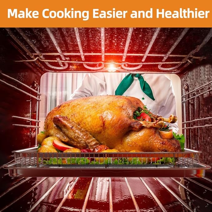 Air Fryer Basket for Oven, Extra Large 18.8" x 12.8" Oven Air Fryer Basket and Tray Set with 30 PCS Parchment Papers, Stainless Steel Air Fryer Pan and Crisper Tray (Silver)