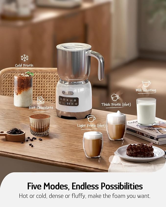 Hazel Quinn Milk Frother and Steamer, Variable Temp and Thickness, Detachable for Dishwasher Safe, 400ml / 13.5oz Milk Warm for Hot & Cold Latte, Cappuccino Hot Chocolate - Pearl White