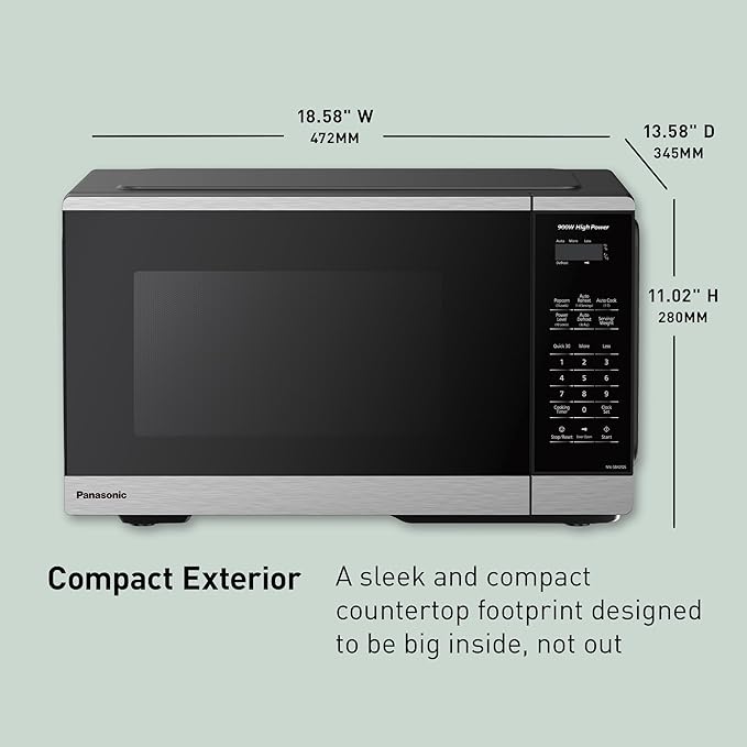 Panasonic Countertop Microwave Oven, 900W, 0.9 Cu. Ft., Sensor Cook and Reheat, 10 Power Levels, Auto Defrost, Keep Warm, Child Lock, Black Stainless Steel - NN-SB44QS