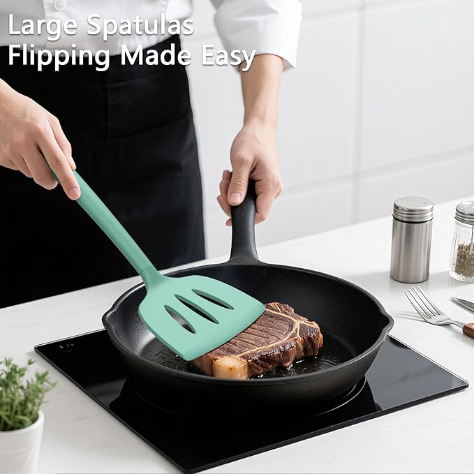 Coukre 3 Pack Silicone Spatula Set, High Heat Resistant, BPA-Free, Fish Spatula, Solid & Slotted Turner for Non-Stick Pans, Flipping Eggs, Pancakes, Fish, Burgers (3, PureAquaGreen)