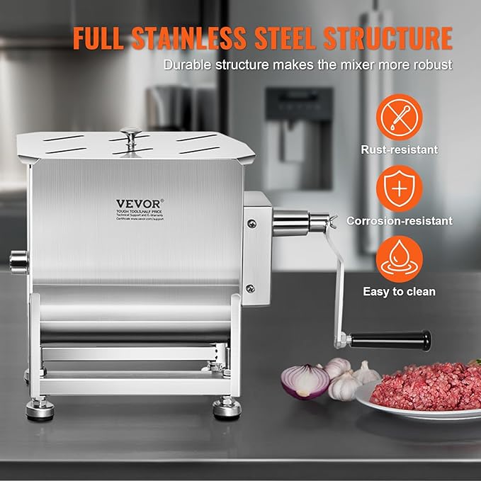 VEVOR Manual Meat Mixer, 30 Pound Capacity Tank Meat Processing Equipment, Stainless Steel Meat Mixer, Sausage Mixer Machine with Lid and Handle, Ground Beef Hand Mixer, Silver