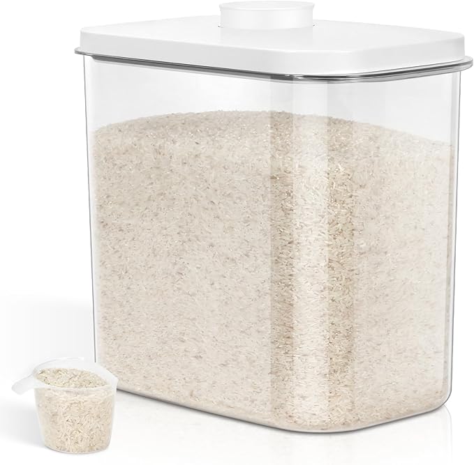 TBMax Large Rice Container 25 Lbs with Easy-Carrying Handles -12.7 Qt Flour Storage Container with Pop Up Lid & Hanging Hooks for Cleaner Use, Airtight Food Storage Bin for Kitchen Organization