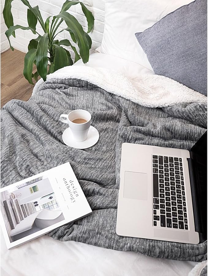 PAVILIA Melange Dark Gray Sherpa Blanket Throw for Couch, Warm Soft Cozy Reversible Blanket Sofa Bed, Thick Plush Large Fleece Car Blanket, Decorative Home Room Decor Gifts Men Women, 50x60 Dark Grey