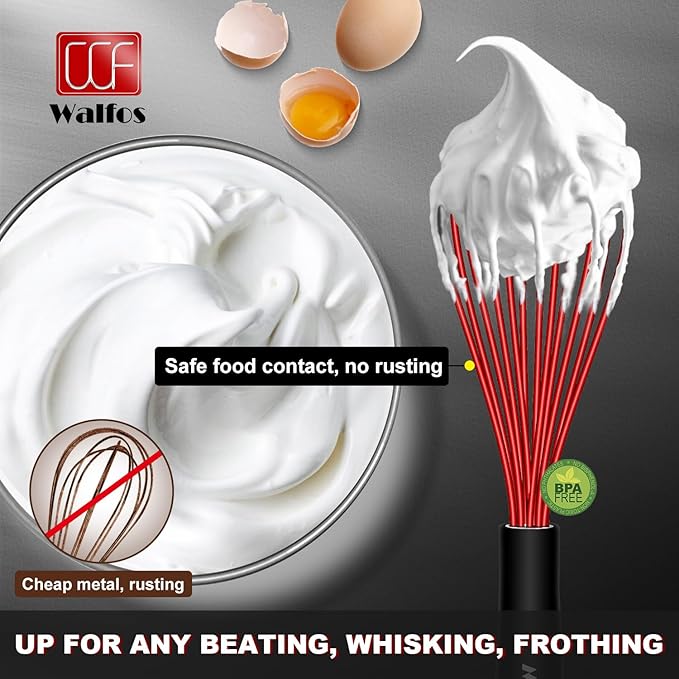 Walfos Silicone Whisk, Sturdy Stainless Steel Wire Kitchen Whisks, Heat Resistant up to 480℉ Whisk For Cooking Non Scratch, Multicolor 5+7+9+11in Whisks & 5+7in Mini Wisk, Great for home baking.