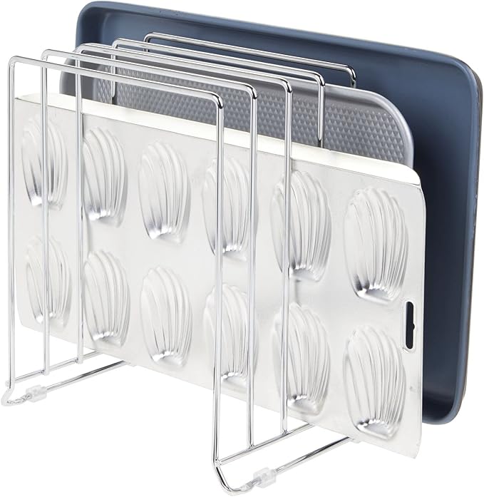 mDesign 5 Slot Pot and Pan Rack — Metal Wire Rack for Cabinets, Pantries or Kitchen Surfaces — Freestanding Pan Stand for Pans, Pots, Lids and Crockery – Silver