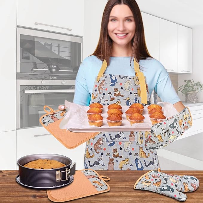 Alselo Oven Mitts and Pot Holders with Chef Apron,Set of 5 Heat Resistant Kitchen Gloves and Silicone Non-Slip Potholders Adjustable Neck Buckle Chef Apron, Cotton Nice Design for Cooking (Cat)