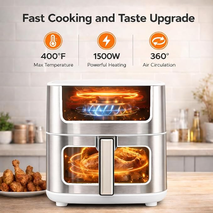 Simple Deluxe 8-in-1 Air Fryer 6.34 Qt, Digital Preset Airfryer with Visible Window, Nonstick and Dishwasher-Safe Basket, Air Fry, Chicken, Pizza, Dehydrate, Fries, 90-Min Timer, 1700W, White