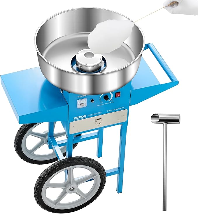 VEVOR Commercial Cotton Candy Machine with Cart, 1000W Electric Candy Floss Maker with 20.5 in Stainless Steel Bowl, Sugar Scoop and Drawer, for Home, Kids Birthday, Family Party, Blue