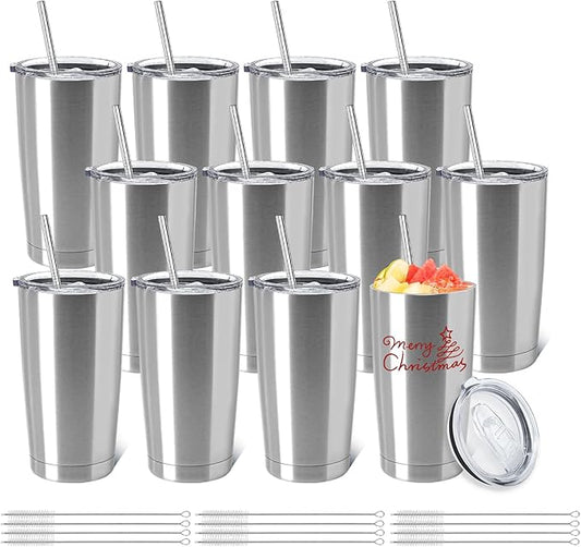 YOUKE OLA 12 Pack Insulated Coffee Tumbler Stainless Steel Double Wall Vacuum Travel Tumbler Cup with Lid and Straw for DIY Gift, Silver 20oz