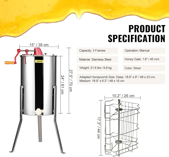 VEVOR 3 Frame Honey Extractor, Stainless Steel Manual Beekeeping Extraction, Honeycomb Drum Spinner with Transparent Lid, Apiary Centrifuge Equipment with Height Adjustable Stand