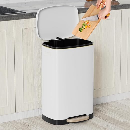 KdbK 13 Gallon Trash Can with Lid, 50L Fingerprint Proof Stainless Steel Kitchen Trash Can with Removable Inner Bucket and Lid Soft Close, Pedal Rubbish Bin for Home Office, White