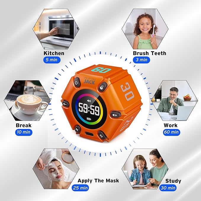 Printers Jack, Productivity Cube Timer, Visual Pomodoro Timer, Mute & Vibration & Adjustable Sound Alert, for Office, ADHD, Study, Work, 3/5/10/25/30/60min & Custom Countdown - Orange