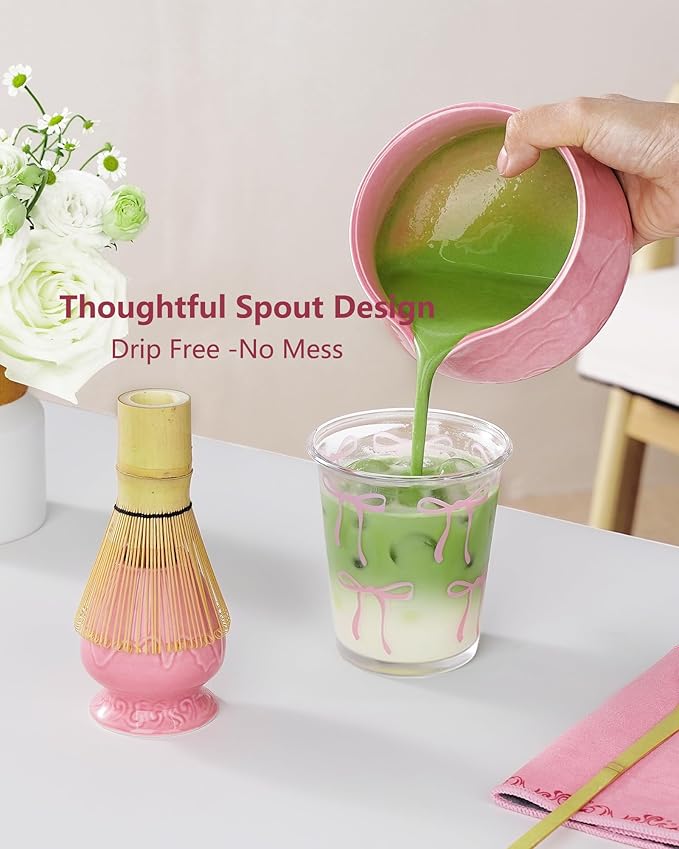 ZENS Pink Matcha Set, 7pcs Matcha Whisk Set Includes 15oz Ceramic Bowl and Cup for Bamboo Whisk, (Chasen Holder), Scoop, 304 Sifter and Tea Mat, Pink Matcha Kit for Matcha Lovers