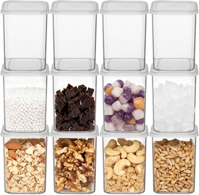 novelinks Clear Plastic Jars with Lids, Reusable Empty Square Storage Containers for Household and Kitchen Organizing (12 Pack Medium)
