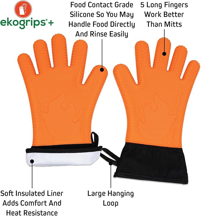 Ekogrips+ Premium Silicone Oven Mitts - Comfy, Waterproof, Heat Resistant BBQ Gloves for Grilling, Long Cuff for Added Protection, 5 Finger Dexterity, 3 Sizes, 4 Colors, S/M, Orange