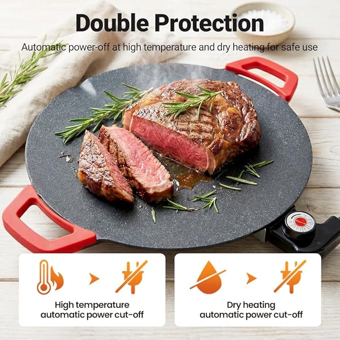 Indoor Smokeless Electric Griddle: 1000W Fast Heating Indoor Grill with 11/14/16" Nonstick Surface, Adjustable Temp Control, Easy to Clean for Steak, Pancake & BBQ (15.7in)