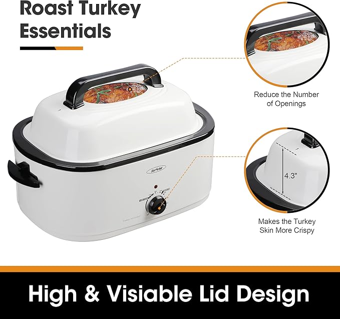 Sunvivi 26-Quart Roaster Oven, Electric Roaster Oven with Viewing Lid, Sunvivi Turkey Roaster with Unique Defrost/Warm Function, Large Roaster with with Removable Pan & Rack, Stainless Steel, White