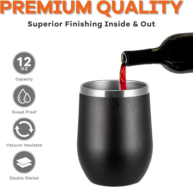 COMOOO 12oz Stainless Steel Wine Tumbler Lid and Straw, Double Wall Vacuum Insulated Wine Tumbler Cup, Stemless Wine Tumbler for Cold and Hot Drinks, Coffee, Wine, Cocktails, Black,16 pack